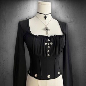 NWT Upcycled Handmade Black Grommet Cross Ruched Bust Milkmaid Stretchy Top S/M